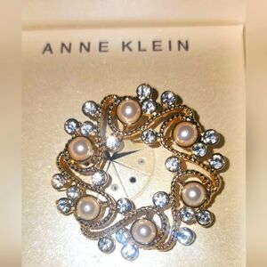 Anne Klein Vintage Gold Tone Brooch with Pearl and Crystal Accents